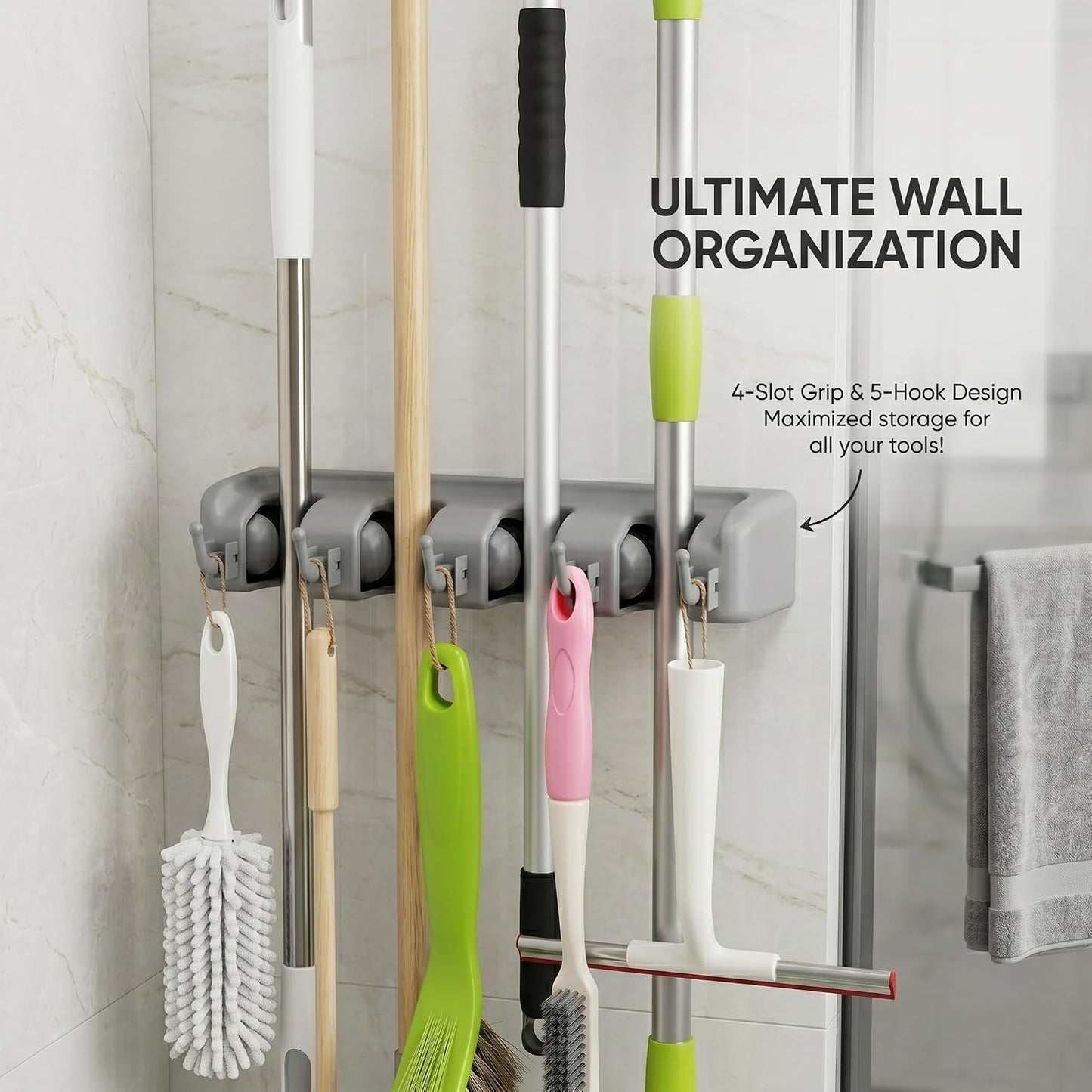 TOGU Mop and Broom Holder Wall Mounted 3 Position Storage Rack with 4 Retractable Hooks Holds up to 7 Tools Utility Weatherproof Holder for Garage Storage Systems Broom Organizer,Gray