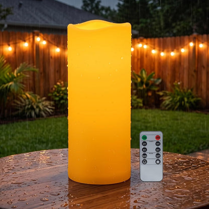 Amagic 3 Pack 4"x 6"8" 10" Outdoor Plastic Electric flameless Candles with Remote Control and Timer, Battery Operated Flickering LED Pillar Fake Candle for Home, Wedding Decor, Ivory