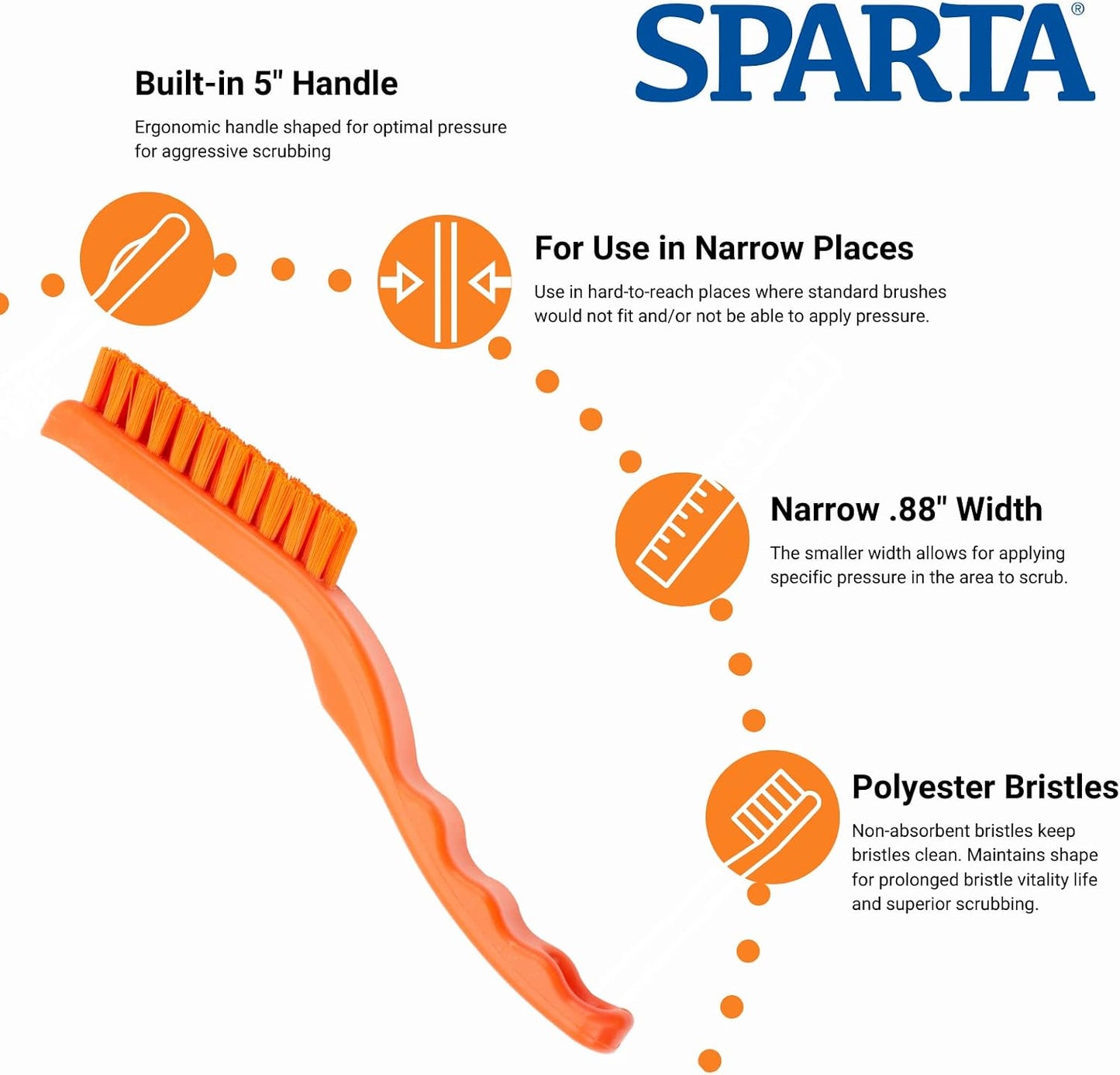 SPARTA Flo-Pac Grout Brush with Nylon Bristles, Scrubber with Handle for Bathroom and Kitchen Tile, 8", White