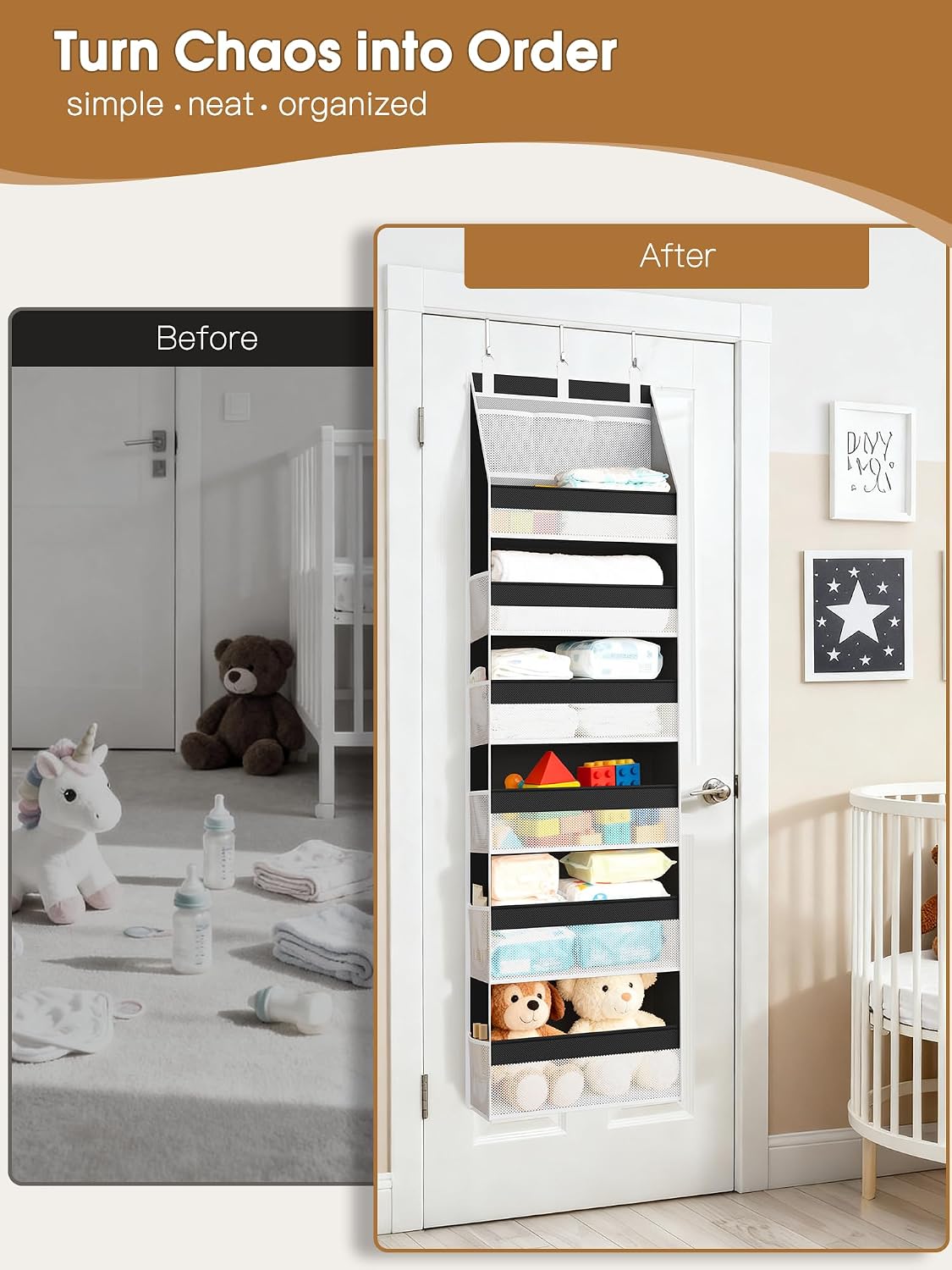 Criusia Over The Door Organizer, Heavy-Duty 6-Shelf Hanging Storage with 13 Mesh Pockets, 55lbs Capacity Behind The Door Storage for Nursery, Bathroom, Bedroom, and Dorm, Grey