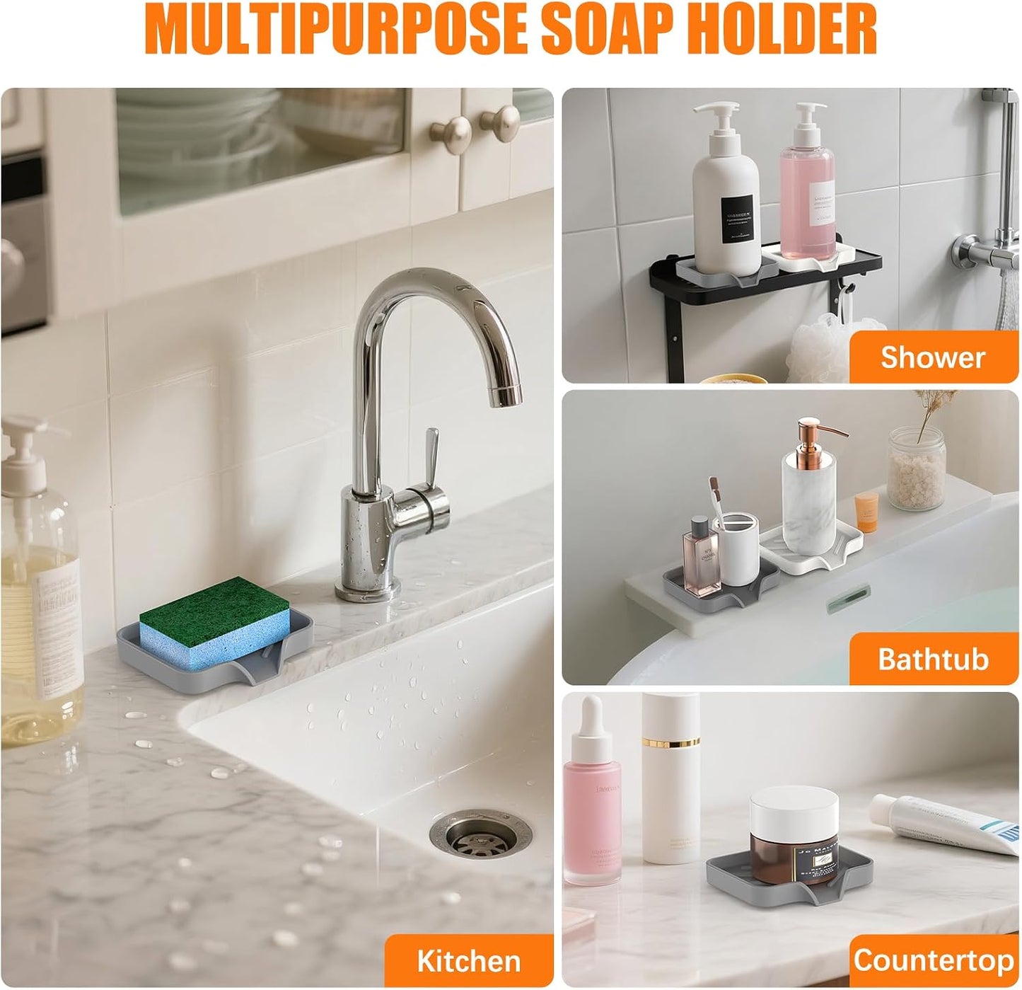 2 Pack Silicone Soap Dish, Self Draining Soap Dish, Non Slip Bar Soap and Sponge Holder for Bathroom Kitchen Sink Counter Organizer Easy to Clean Soap Tray Waterfall Soap Saver