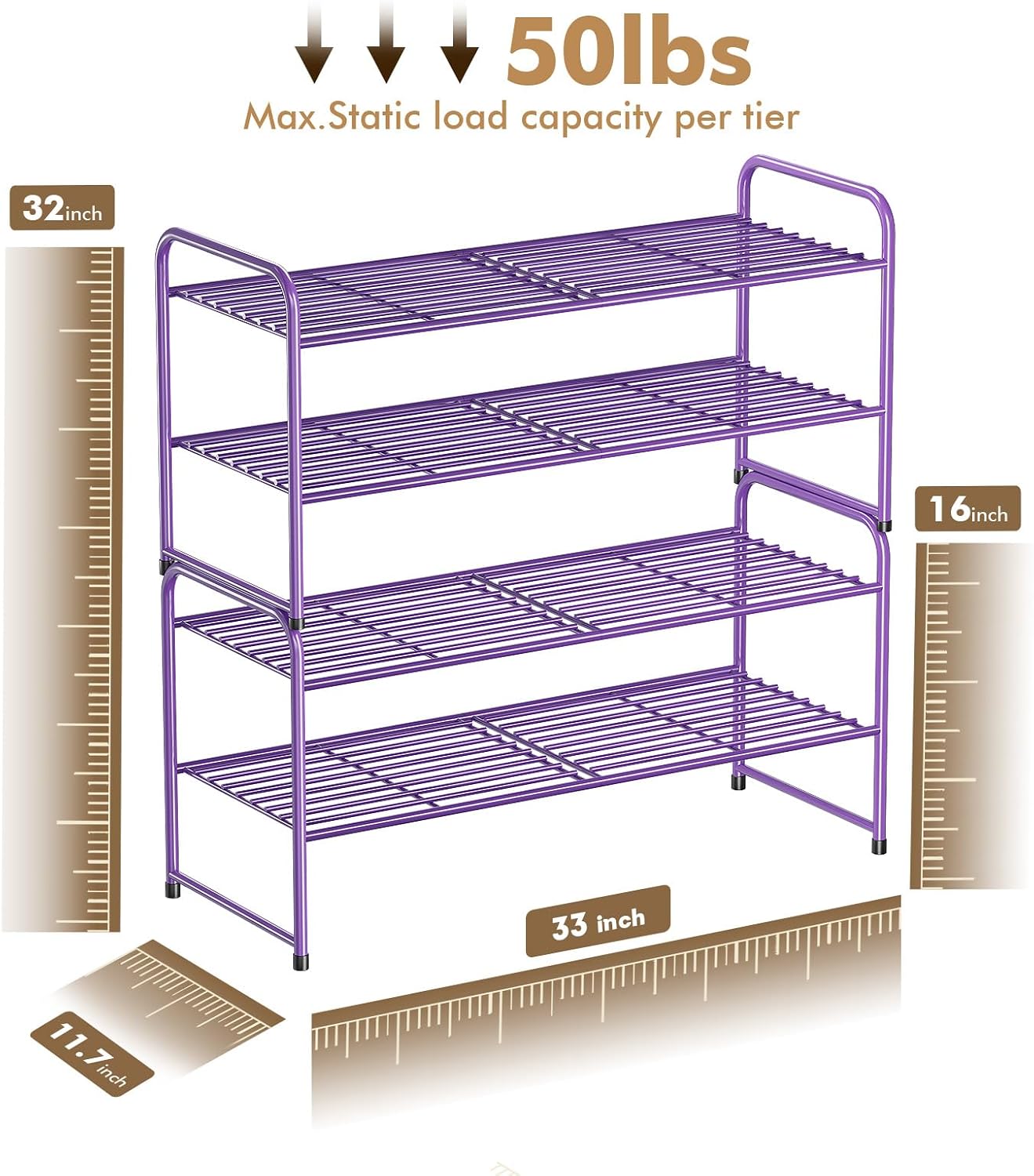 SUFAUY 2 Tier 33" Wide Shoe Rack, Closet Metal Wire, Stackable, Pink