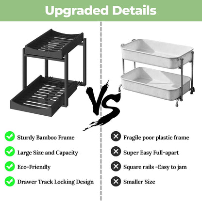 Bamboo Under Sink Organizer and Storage, 2 Pack Pull Out Cabinet Organization, 2 Tier Vertical Slide Out Undersink Storage Shelf, Multi-Purpose Organizer Shelves for Kitchen Bathroom Medicine
