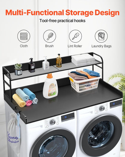 VEVOR Washer Dryer Countertop with 2-Tier Shelf, 54" x 27" Wooden Washer and Dryer Countertop with Anti-Slip Pads, Water-Resistant Laundry Topper Cover for Laundry Room Organization and Storage, Black
