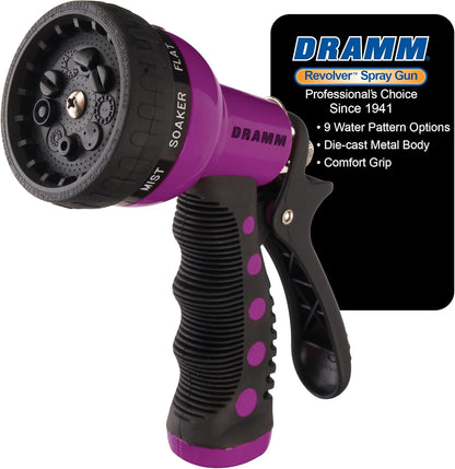 Dramm Revolver Heavy Duty Metal Garden Hose Nozzle – 9 Spray Patterns, High Pressure Jet, Thumb-Control Flow, Ergonomic Grip – Green