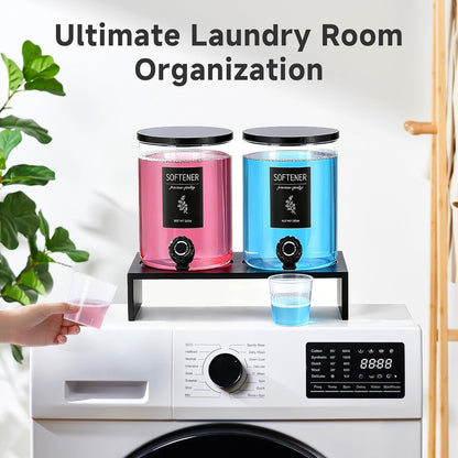 Glass Laundry Detergent Dispenser with Shelf & Bamboo Lid - 120 Oz Liquid Detergent, Laundry Soap & Fabric Softener Dispenser for Laundry Room Organization and Storage with 2 Cups & 8 Labels