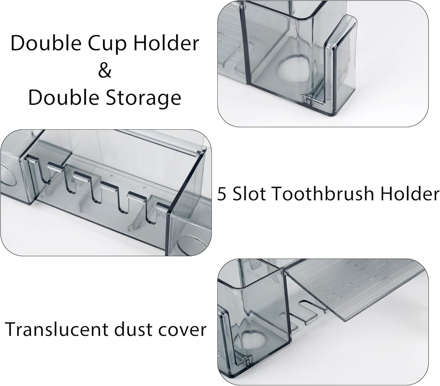 5 Slots Wall Mount Toothbrush Holder with Cover, Self Adhesive Toothbrush Storage Organizer for Shower, Toothpaste & Toothbrush Hanger for Bathroom, Medicine Cabinet, Dorm (Gray Large)