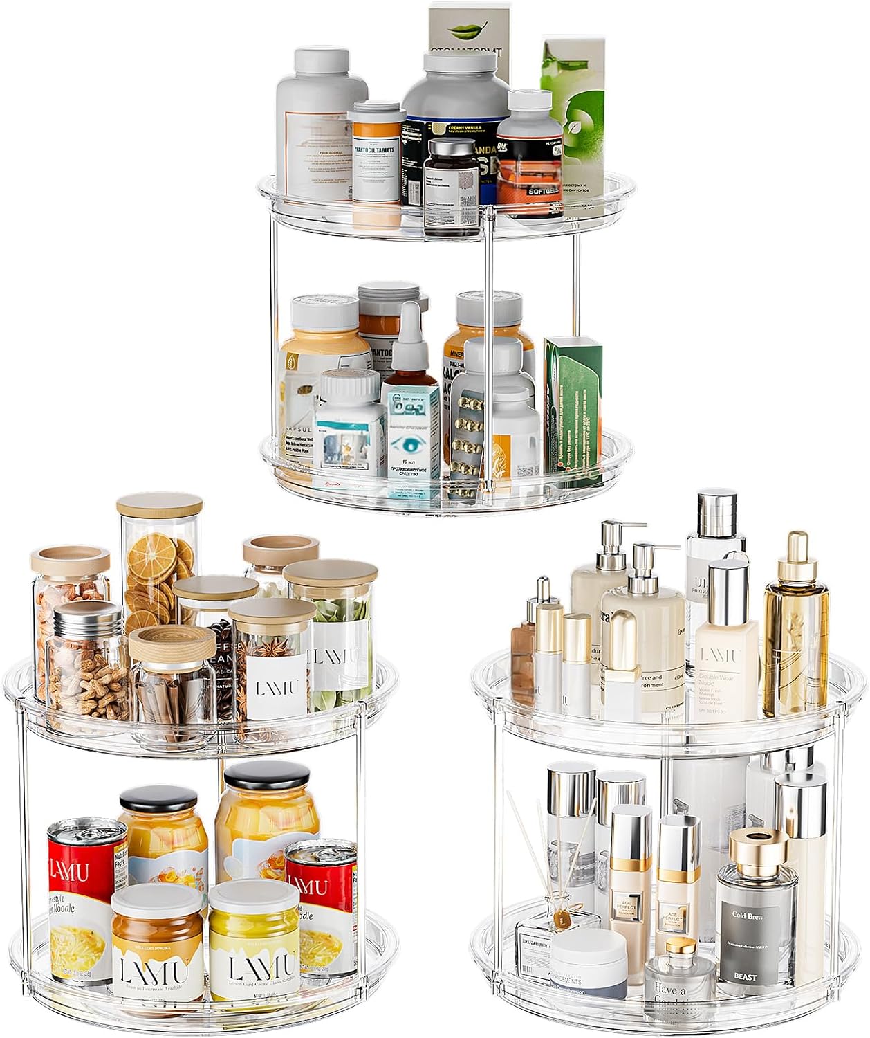 LAMU 2 Tier Lazy Susan Turntable Organizer for Cabinet, 9'' Rotating Spice Rack for Kitchen, Pantry, Countertop, Bathroom, Vanity, Under Sink, Medicine Cabinet Organizer, 1 Pack
