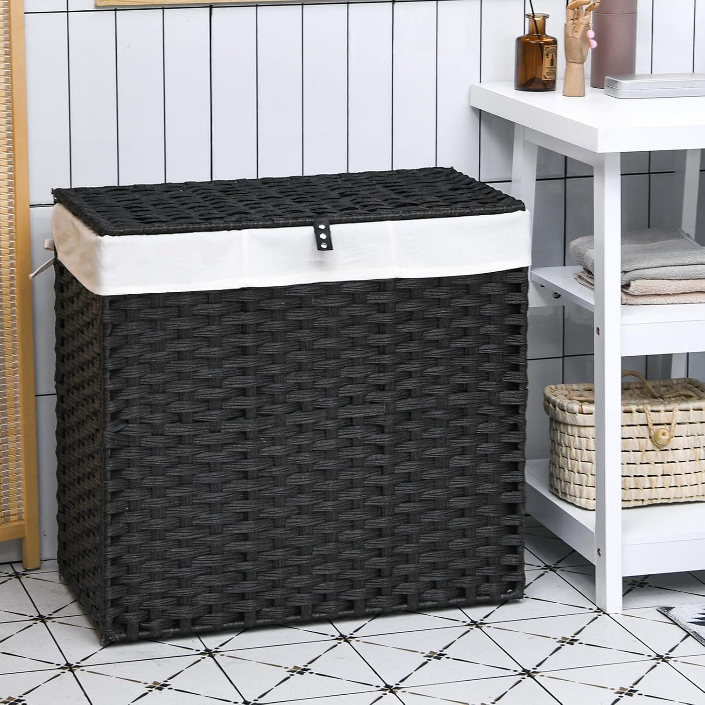 Giantex Laundry Hamper w/Wheels, 3 Section Hamper 125L w/2 Removable Liner Bags, Handwoven Rattan Divided Laundry Basket w/Lid and Handle for Laundry Sorter for Bathroom Bedroom (Brown)