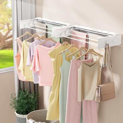 Wall Mounted Drying Rack 23.6'', Foldable Laundry Drying Rack Wall Mount with 4 Towel Hooks and 4 Rods, Space Saving Drying Rack Clothing for Indoor Outdoor Bathroom Balcony (White, 23.6'')