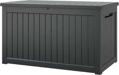 NUNU LAB Outdoor Storage Box, 45 Gallon Outside Deck Box Waterproof, Resin Outdoor Storage Cabinet With Lockable Lid, Backyard Storage Bench For Garden Tools, Patio Cushions, Pool Tools, Black