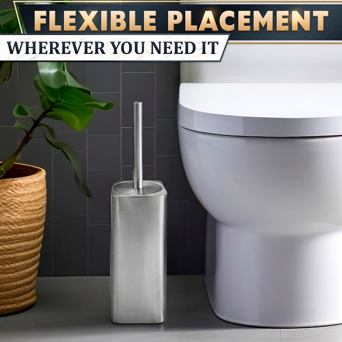 Black Toilet Brush and Holder Set - Slim Matte Design that Fits Anywhere - Stainless Steel Toilet Bowl Brush and Holder with 2 Rounded Corners, Replaceable Head, Removable Inner Bowl & Splash Guard