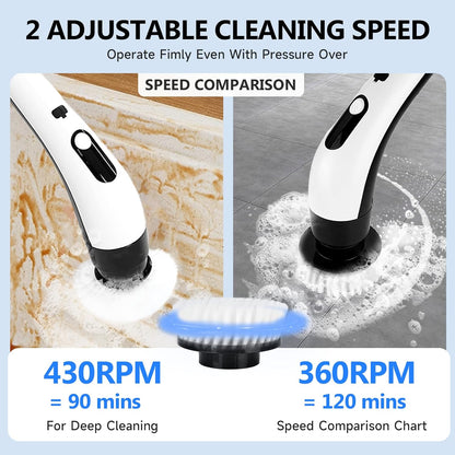 PUNOMO Electric Spin Scrubber, Cordless Bathroom Cleaning Brush with 8 Replaceable Heads & Adjustable Handle, IPX7 Waterproof Shower Scrubber with LCD Display, 2 Speeds for Bathtub, Floor, Tile