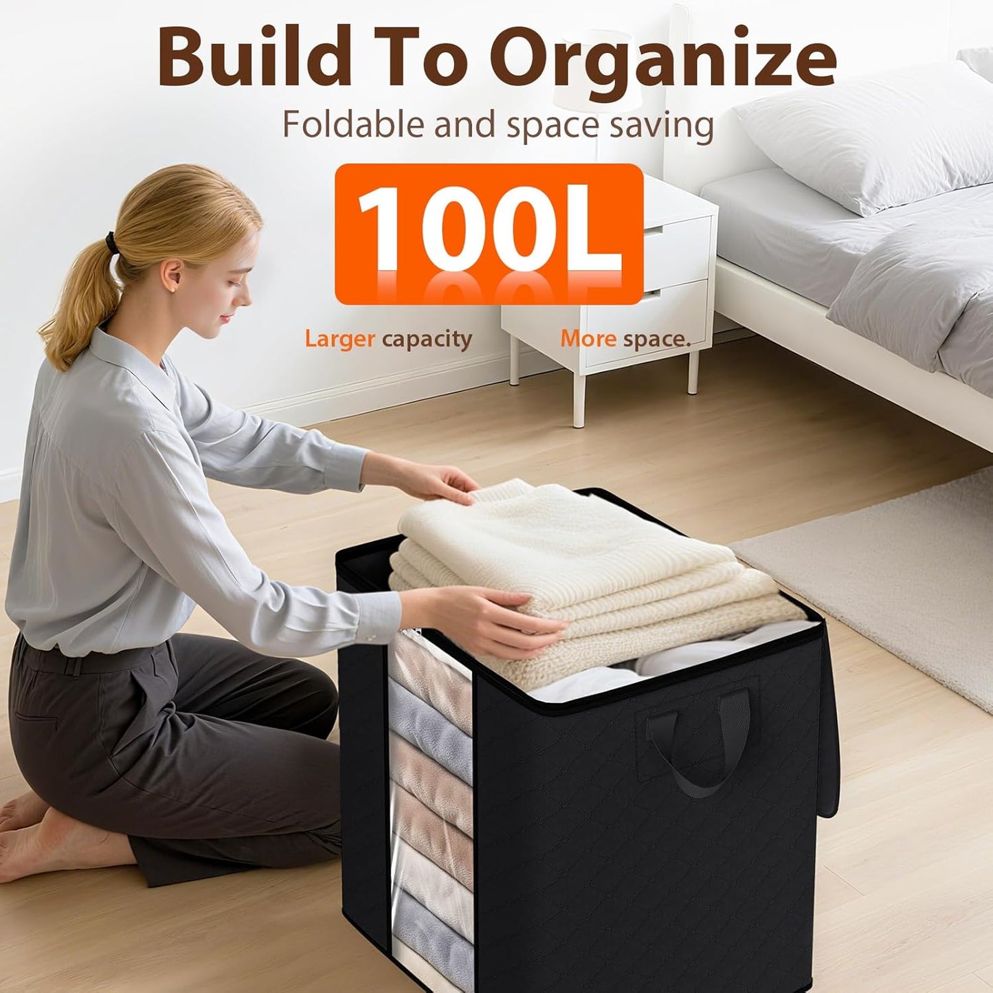 SpaceWhisper 3 Pack 100L Clothes Storage, Foldable Thick Fabric Blanket Storage Bags, Containers for Organizing Bedroom, Closet, Clothing, Comforter,Closet Organization with Handle,Grey