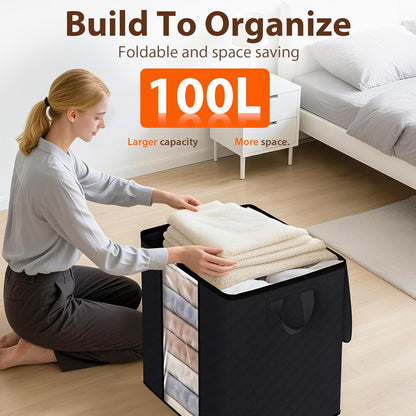 SpaceWhisper 3 Pack 100L Clothes Storage, Foldable Thick Fabric Blanket Storage Bags, Containers for Organizing Bedroom, Closet, Clothing, Comforter,Closet Organization with Handle,Grey