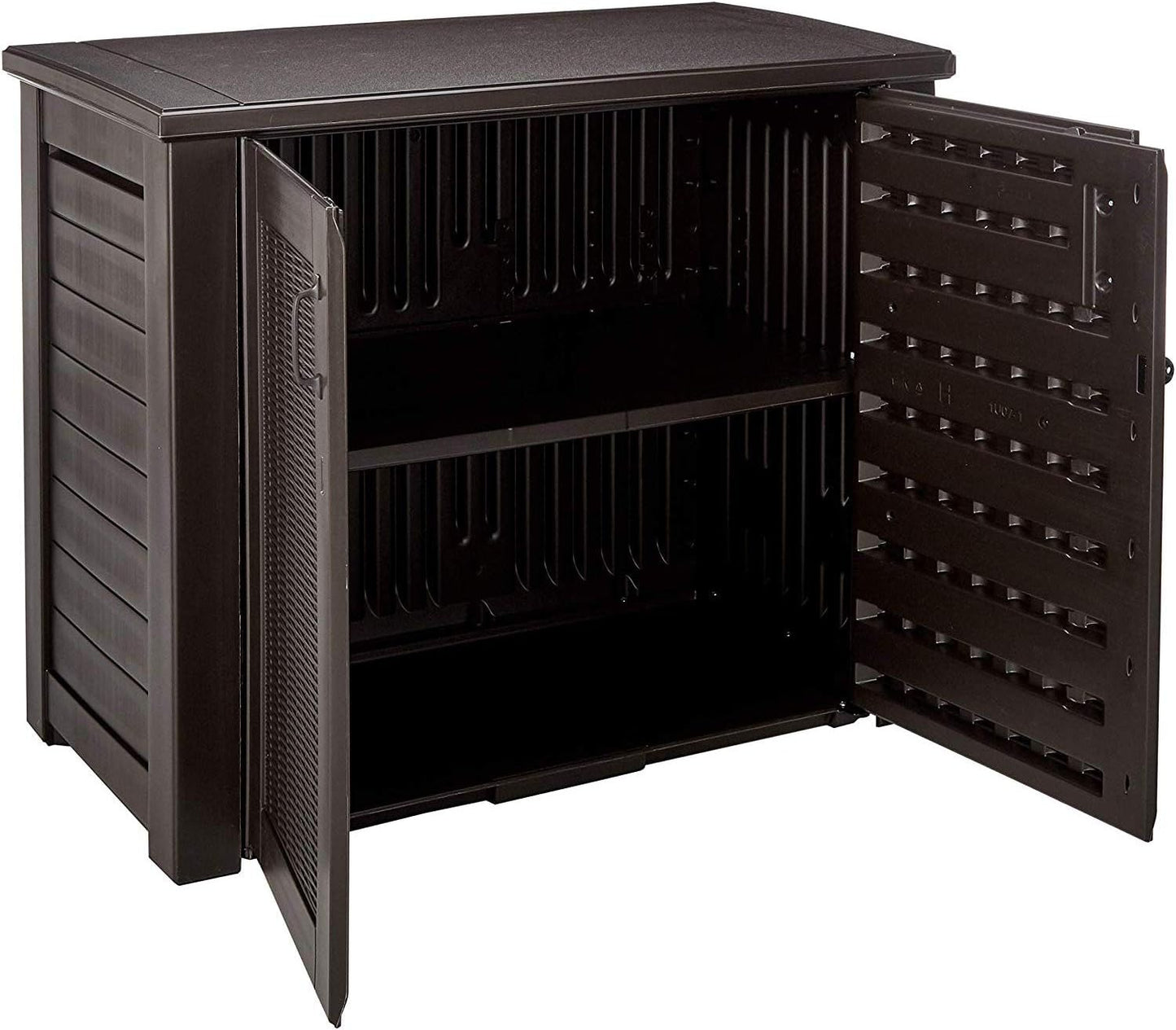 Rubbermaid Decorative Outdoor Storage Cabinet (123 Gal), Weather Resistant, Brown, Organization for Home/Backyard/Pool Chemicals/Toys/Garden Tools/Porch/Patio Cushions