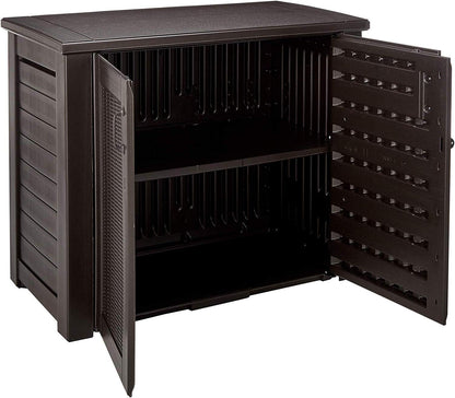 Rubbermaid Decorative Outdoor Storage Cabinet (123 Gal), Weather Resistant, Brown, Organization for Home/Backyard/Pool Chemicals/Toys/Garden Tools/Porch/Patio Cushions