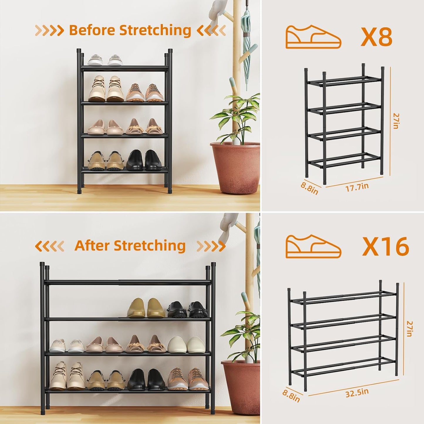 Uneviesyka Expandable Shoe Rack, 2 Tier Shoe Rack for Closet, Stackable Adjustable Standing Metal Shoe Shelf Organizer Storage, Small Shoe Racks for Front Door Entrance、Entryway(Black)