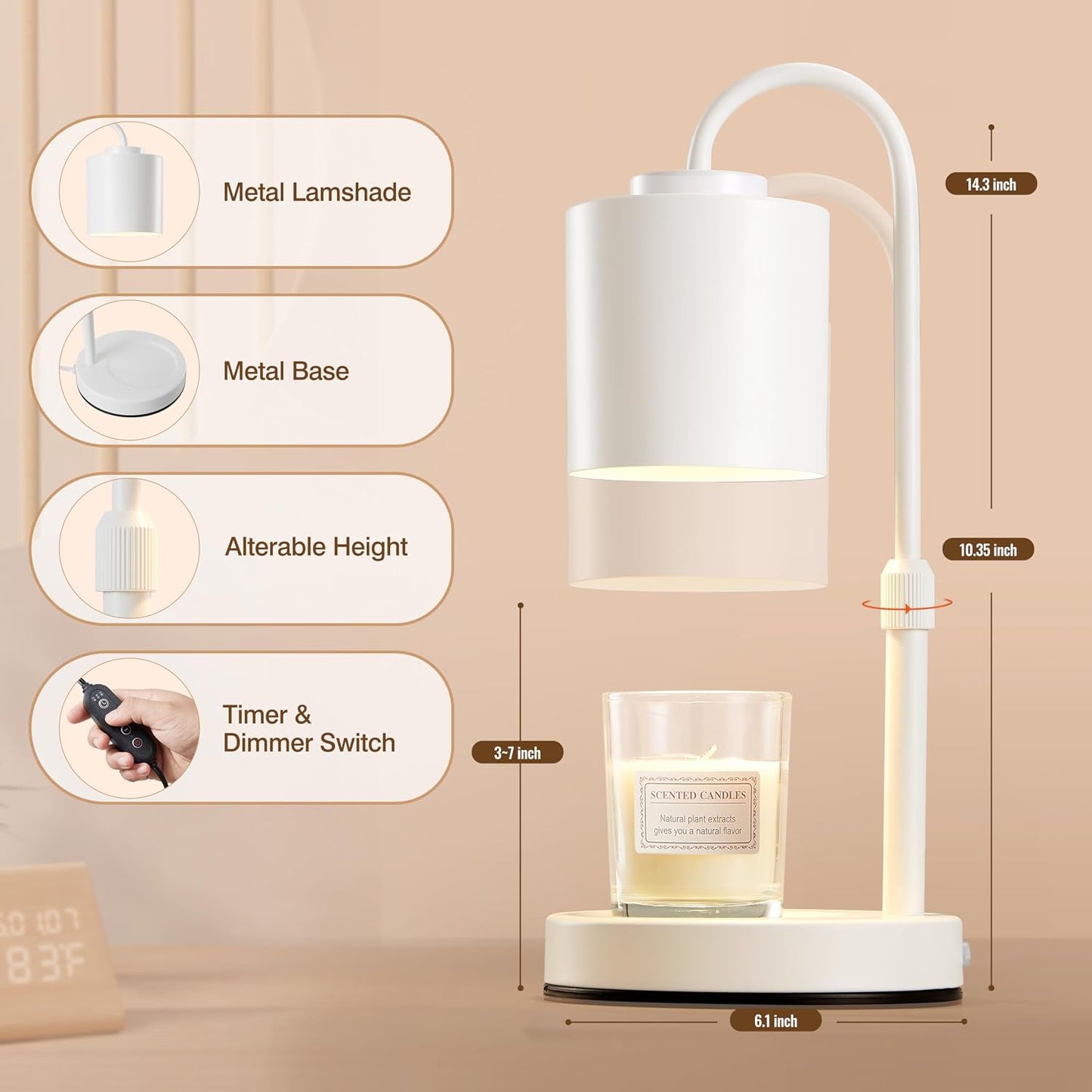 CASTLELIFE Candle Warmer Lamp with Timer & Dimmer, Height Adjustable Electric Wax Melt Warmer for Jar Candles, Gifts for Mom Home Decor, Black