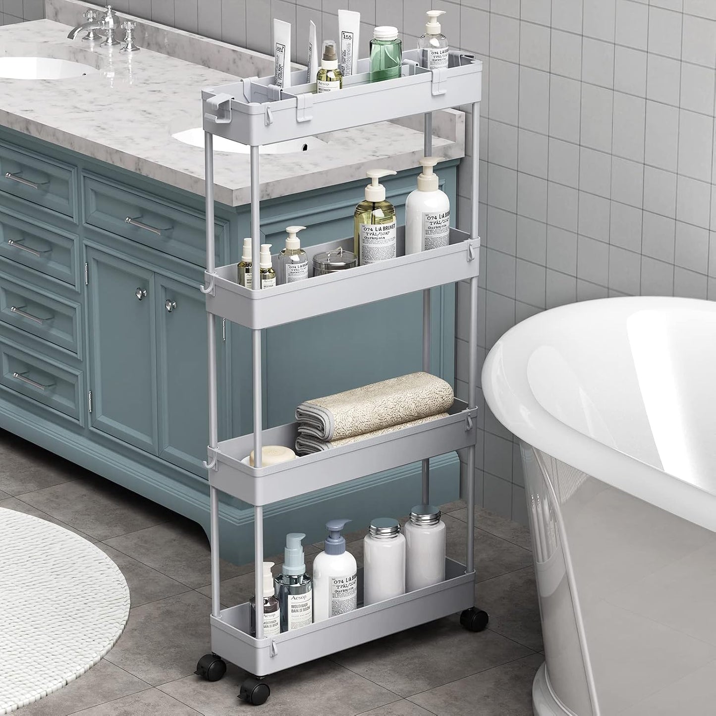SPACELEAD Slim Storage Cart 4 Tier,Bathroom Organizer Rolling Utility, Mobile Shelving Unit Slide Out for Office, Kitchen, Laundry Room & Narrow Places,White