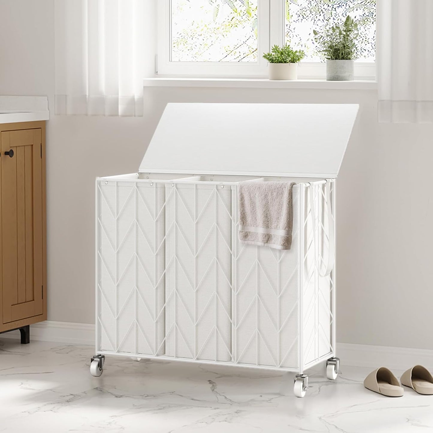 WOWLIVE Laundry Basket with Wheels, 142L Laundry Hamper 3 Section with Lid, Dirty Clothes Hamper with Removable Bags, Large Capacity Iron-Made Laundry Basket Organizer Laundry Sorter for Dorm, White