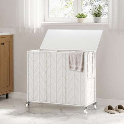 WOWLIVE Laundry Basket with Wheels, 142L Laundry Hamper 3 Section with Lid, Dirty Clothes Hamper with Removable Bags, Large Capacity Iron-Made Laundry Basket Organizer Laundry Sorter for Dorm, White