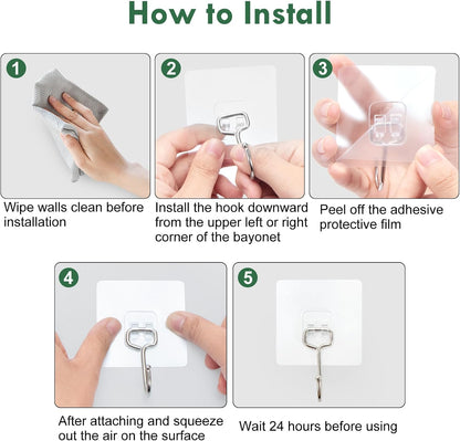 10 Pack Large Adhesive Hooks, Wall Hooks for Hanging Heavy Duty 22Ib(Max), Clear and Removable Strong Sticky Hooks, Waterproof and Rustproof Multiple Uses for Bathroom Kitchen Office