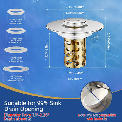 1.1"-2.36" Bathroom Stopper Stainless Steel Hair Catcher Silver 1 Pack | pop-up stopper with detachable hair filter, rustproof, easy clean & install, blocks hair to stop drain clogs