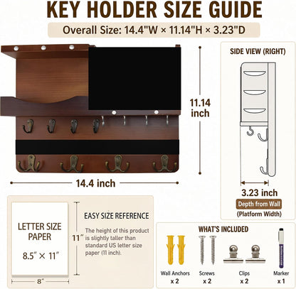 Key Holder for Wall Mount with Shelf and Mail Organizer, Key and Mail Holder with 16 Hooks, Farmhouse Entryway Organizer, Home Decor Rack (Pine Wood, Black)