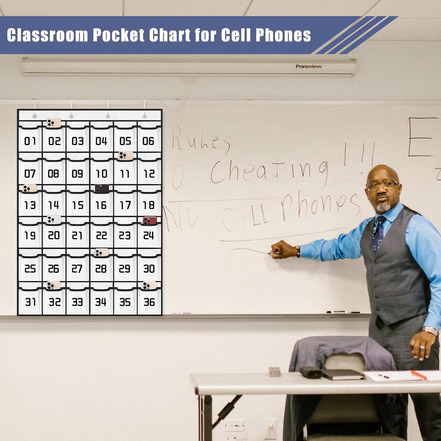 Loghot 36 Numbered Pockets Classroom Pocket Chart for Cell Phone Holder | Wall Door Hanging Pocket Organizer for Phone Calculator Holder, Phone Pouch for School Classroom & Office Phone Management