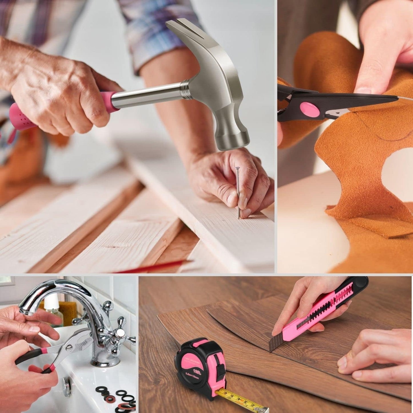 Flexzion 39 Piece Hand Tool Kits with Case - Compact Tool Kit for Handyman, Homeowners DIY - Household Tool Kit for Home with Portable Basic Tool Set Case, Pink