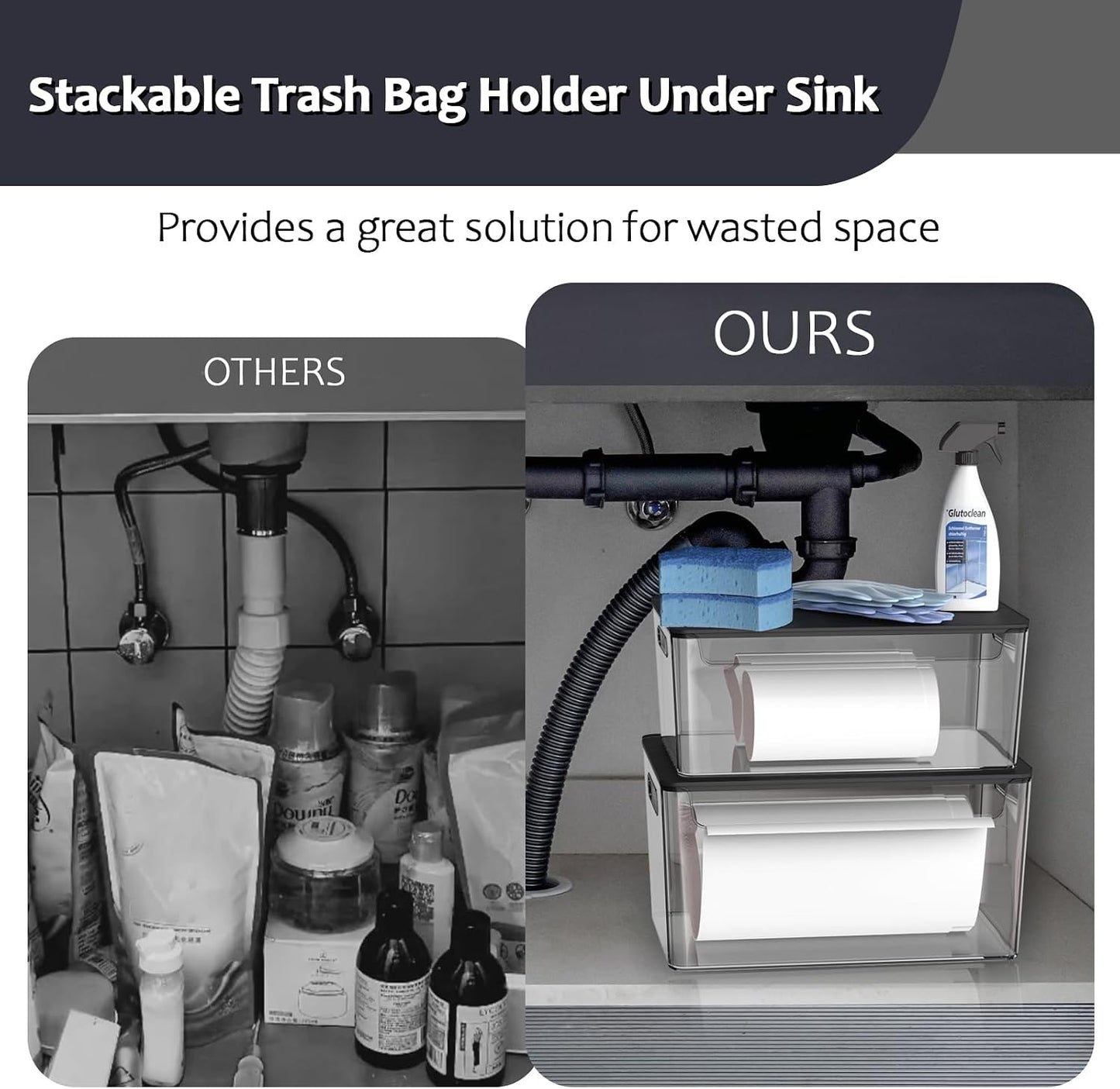 COAZEX 2 Pack Trash Bag Holder Under Sink Stackable, Plastic Garbage Dispenser with Lid, Trash Bag Storage Dispenser Roll Holder for Kitchen, Pantry, Laundry Room Organization