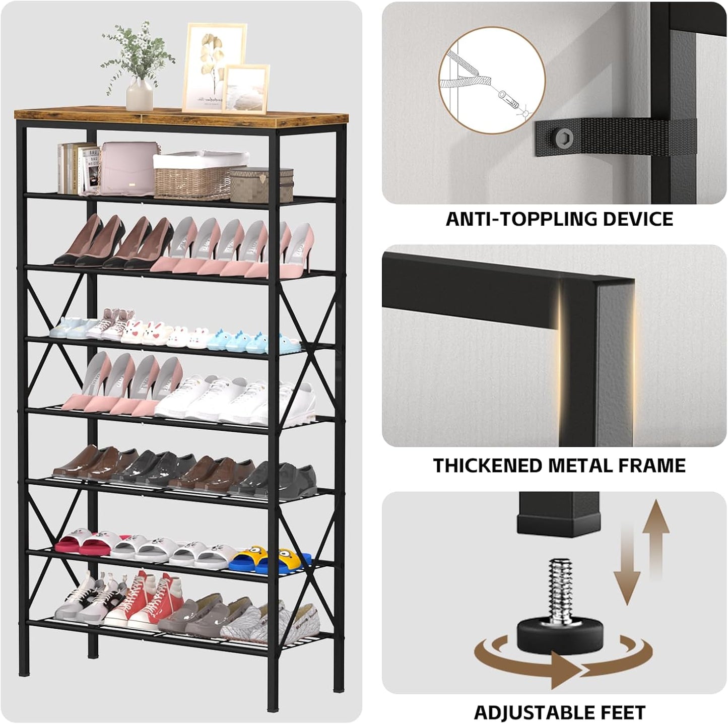 8 Tiers Tall Shoe Rack Organizer, Large Capacity Shoe Rack Holds 32 Pairs of Shoes, Durable and Stable, Adjustable Metal Shelf Stackable Shoe Shelf for Entryway, Hallway, Living Room, Closet