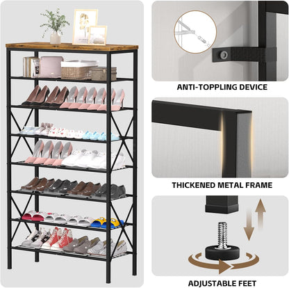 8 Tiers Tall Shoe Rack Organizer, Large Capacity Shoe Rack Holds 32 Pairs of Shoes, Durable and Stable, Adjustable Metal Shelf Stackable Shoe Shelf for Entryway, Hallway, Living Room, Closet