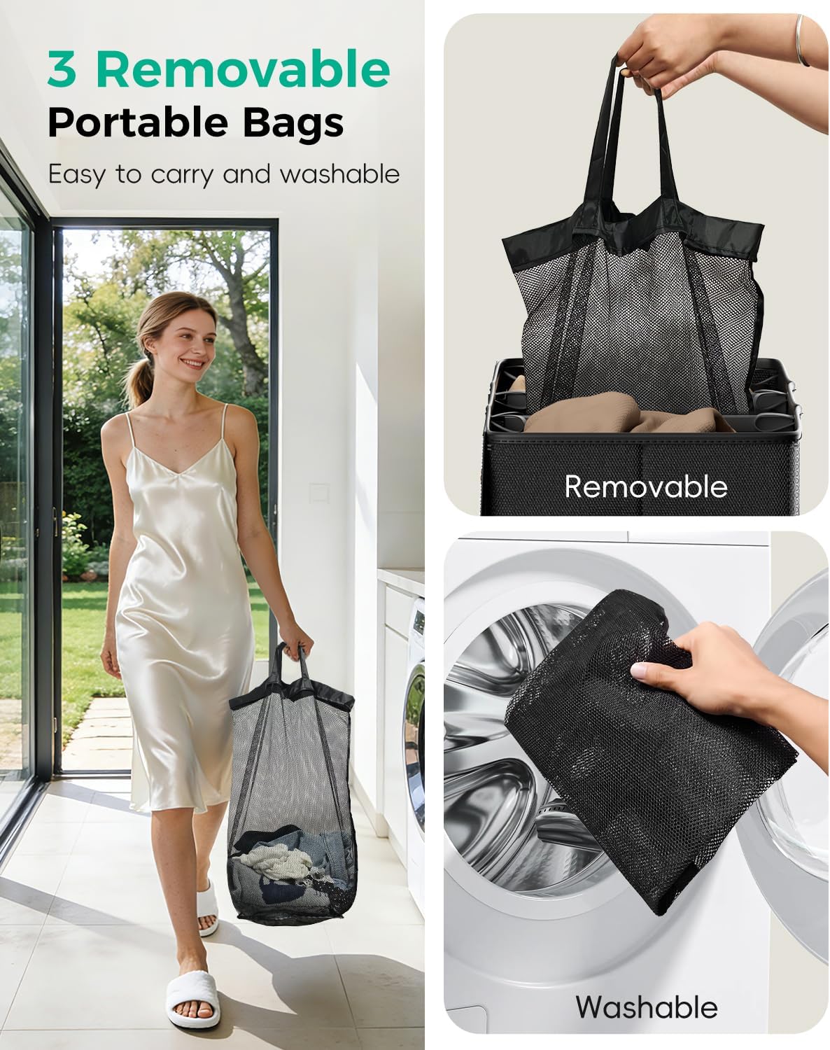 185L Laundry Hamper 3 Section with Lid & Removable Bags | Collapsible laundry basket organizer for laundry room, bedroom & dorm with 3 removable washing bags