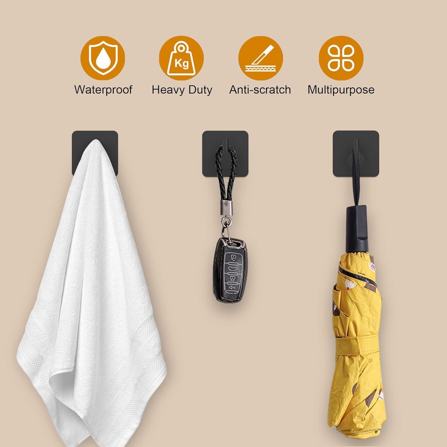 Honmein 6 Pcs Adhesive Wall Hooks for Hanging - Waterproof Shower Hooks, Heavy Duty Towel Hooks for Bathrooms, Kitchens, and Offices (Black)