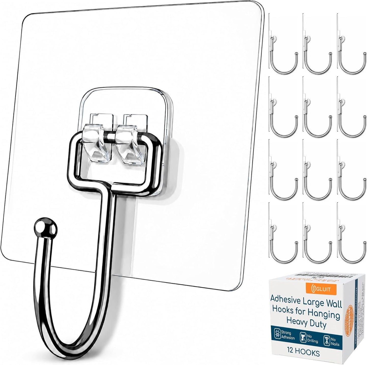 GLUIT Adhesive Wall Hooks for Hanging Heavy Duty 22 lbs Hooks for Walls No Drill, Towel Sticky Clear Hook, Waterproof, Home, Bathroom, Kitchen, Office, and Outdoor 12 Pack