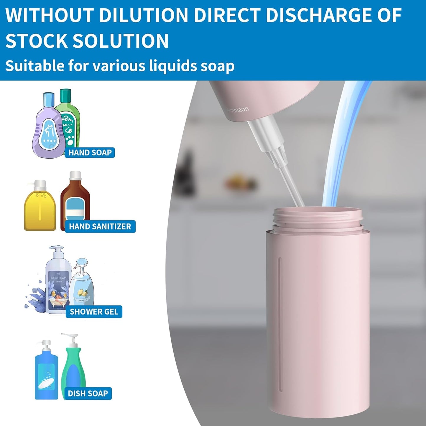Aunmaon Automatic Soap Dispenser Touchless, Hands-Free, Multi Adjustable Volume, Long Battery Life, Compatible with Thick & Thin Dish/Hand Soap for Bathroom and Kitchen, Easy for Toddlers, Black