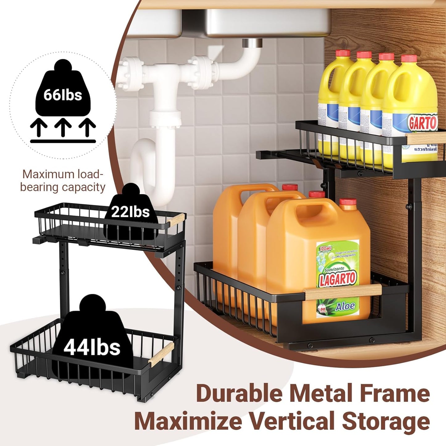 2 Pack Under Sink Organizer, 2 Tier Pull Out Cabinet Organizer with 5-Level Adjustable Height, Sliding Metal Storage Rack for Kitchen Bathroom Pantry, White