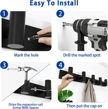 Matte Black Coat Rack Wall Mount - 6 Hooks, Heavy Duty Stainless Steel Wall Hooks for Towels, Coats, Robes, Bags, Hats, Keys, Wall Coat Hanger for Bathroom, Entryway, Kitchen, Hotel, Bedroom, Office