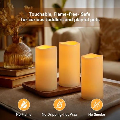 Raycare Outdoor Waterproof Flameless Candles, Battery Operated LED Electric Candles with Remote and Timers, Fake Pillar Candle for Patio, Porch, and Wedding Decor, Ivory, Set of 3(3"x4" 5" 6")