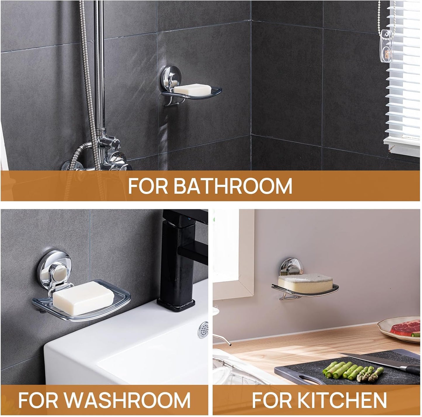 LEVERLOC Soap Dish Holder for Shower Suction Cup Wall Mounted Self Draining NO-Drilling Removable Bar Soap Sponge Holder for Bathroom Bathtub Kitchen Sink Waterproof Strong Vacuum Suction Adhesion