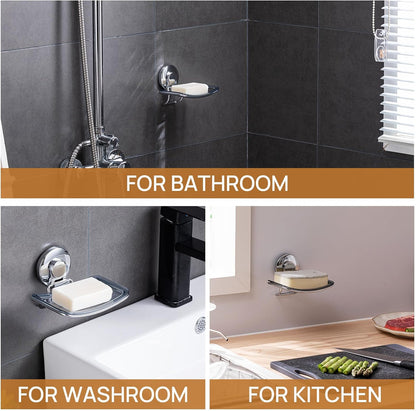 LEVERLOC Soap Dish Holder for Shower Suction Cup Wall Mounted Self Draining NO-Drilling Removable Bar Soap Sponge Holder for Bathroom Bathtub Kitchen Sink Waterproof Strong Vacuum Suction Adhesion