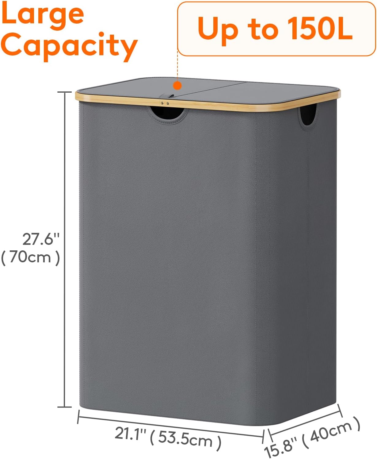 Lifewit 120L Laundry Basket with Lid, Clothes Hampers for Laundry with Bamboo Handles and 2 Removable Bag, Large Foldable Laundry Hamper for Bedroom, Bathroom, Dorm, Laundry Room, Beige