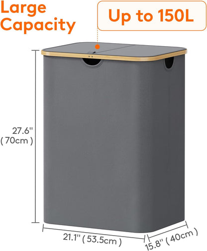 Lifewit 120L Laundry Basket with Lid, Clothes Hampers for Laundry with Bamboo Handles and 2 Removable Bag, Large Foldable Laundry Hamper for Bedroom, Bathroom, Dorm, Laundry Room, Beige