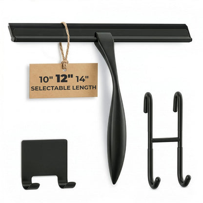 Shower Door Squeegee with Adhesive & Hanging Hooks, 12" Silicone Blade - Stainless Steel All-Purpose Squeegee for Shower Glass, Bathroom Mirror Cleaner Tool Suitable for Tile Walls - Multi-Surface Use