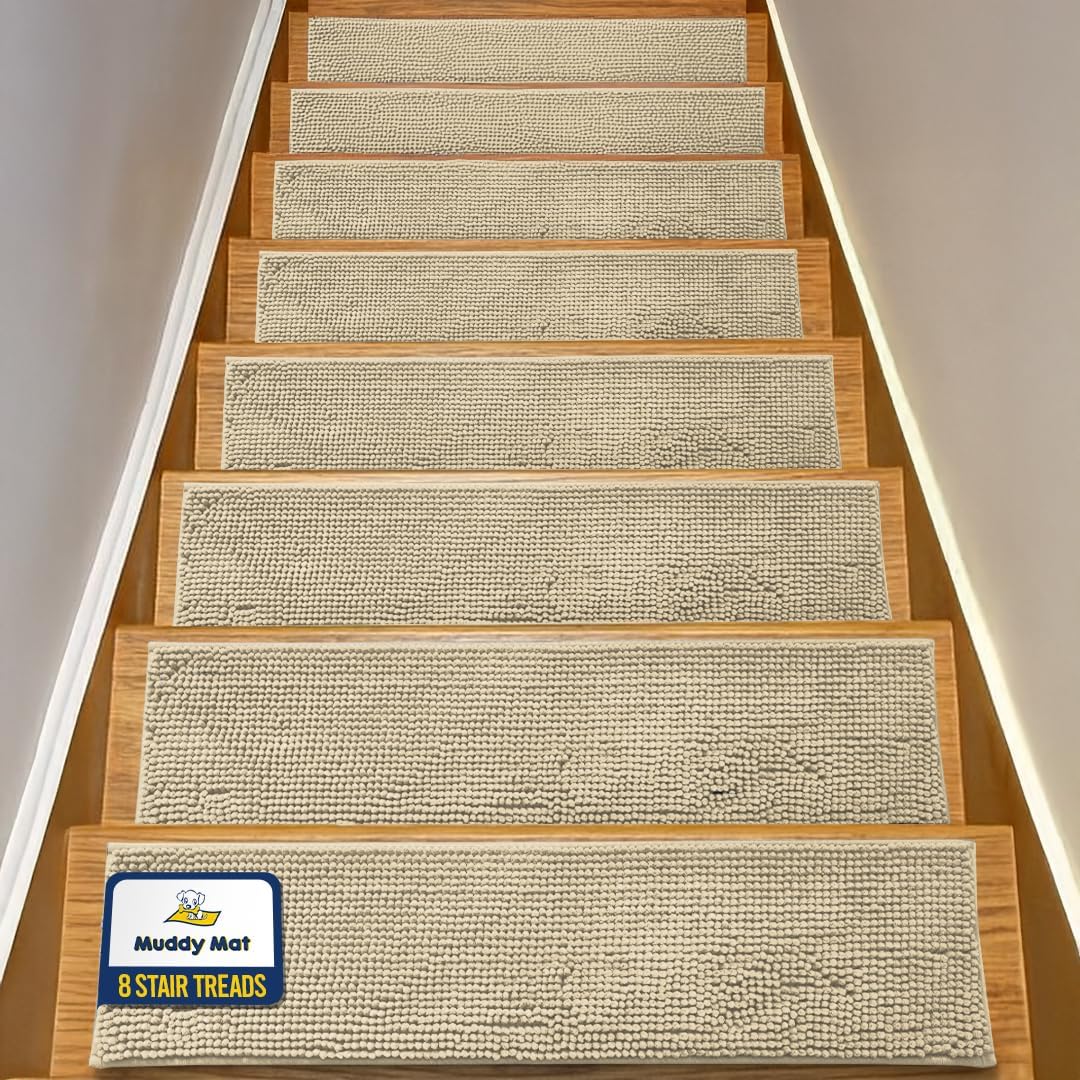 Muddy Mat® Pack of 4 - Soft Chenille Stair Treads Non-Slip Reusable, Super Absorbent Stair Treads for Wooden Steps, Tile & Marble Floor, Easy to Install & Machine Washable - Brown 30'' x 7''