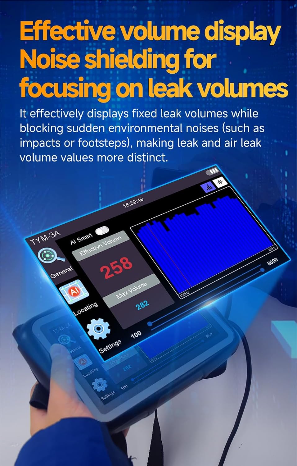 Al Water Leak Detector, Indoor Wall/Ground Under Slab Pipe Leak - TYM-3A | 2 Sensors, 0.5m/1.64ft, 100Hz-8000Hz, 15 Hours