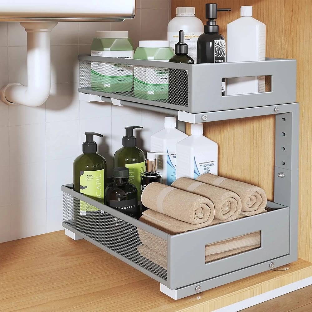 Under Sink Organizer, 2-Tier Dual Pull Out Cabinet Organizer Drawers With Smooth Circular Rail, Large Capacity Metal Mesh Sliding Shelves For Bathroom& Kitchen Storage,Height Adjustable–White,2 Packs