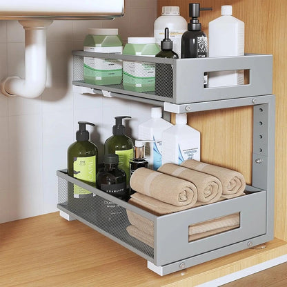 Under Sink Organizer, 2-Tier Dual Pull Out Cabinet Organizer Drawers With Smooth Circular Rail, Large Capacity Metal Mesh Sliding Shelves For Bathroom& Kitchen Storage,Height Adjustable–White,2 Packs
